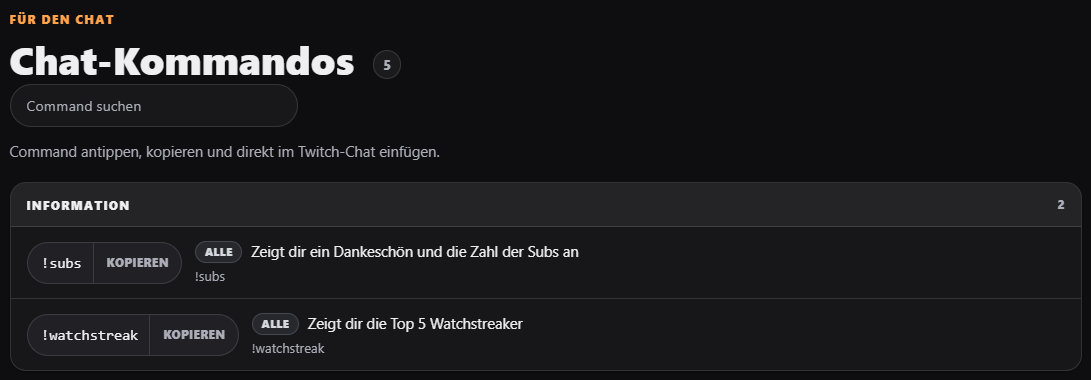 Chat-Kommandos auf der Profilseite